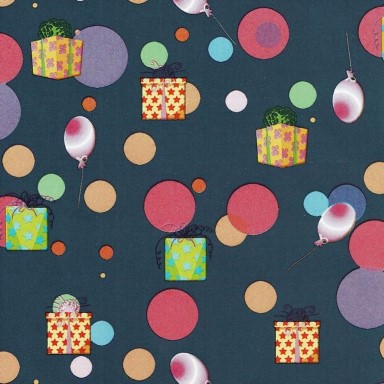 Gift paper festive design with colored balloons, background in dark blue on strong paper.
 