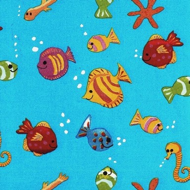 Giftwrapping paper tropical fish, background in sea blue on strong white paper.
 