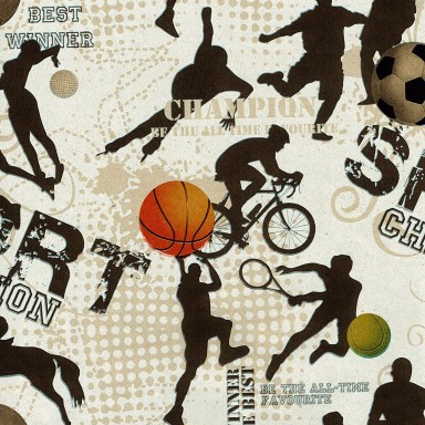 Gift paper with sports images on brown kraft paper.
 