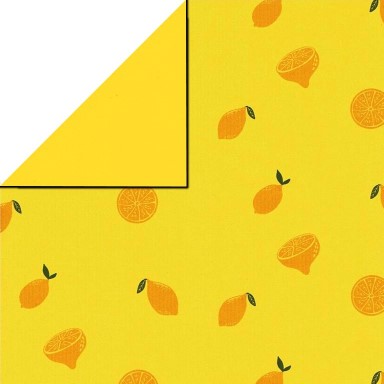 Wrapping paper front yellow with lemons, behind solid yellow on strong narrow ribbed paper.
 