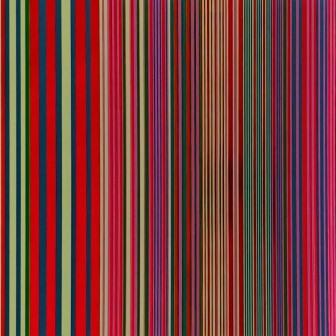 Counter rolls of gift wrapping paper with multi-coloured lines on metallised paper.
 