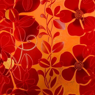 Wrapping paper matt red flowers with gold on glossy, strong paper.
 
