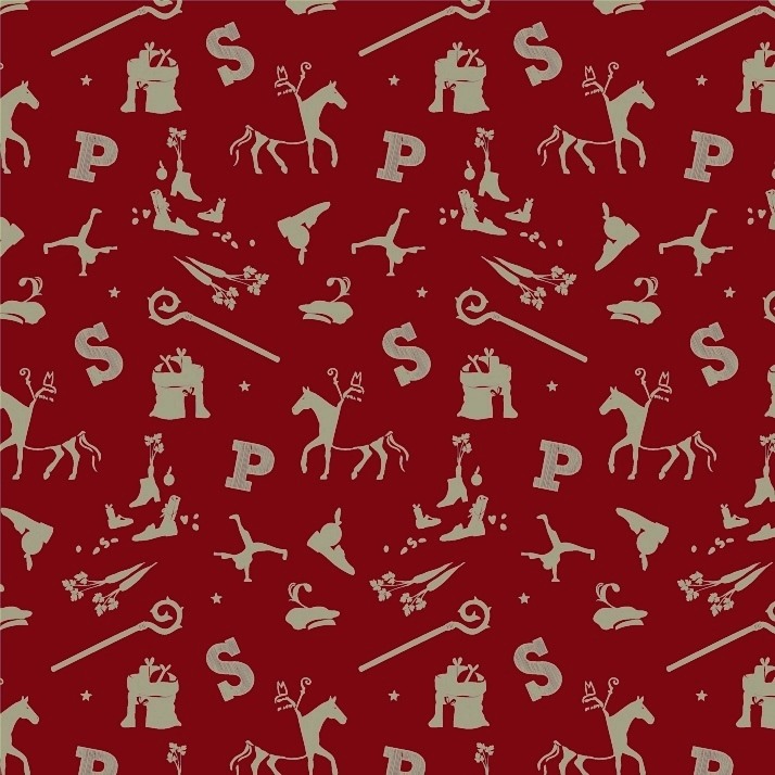 Glossy, luxurious sinterklaas wrapping paper, dark red background with gold printed images.
 