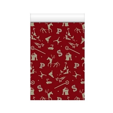 Gift bags sinterklaas items gold with dark red background on glossy paper.
 