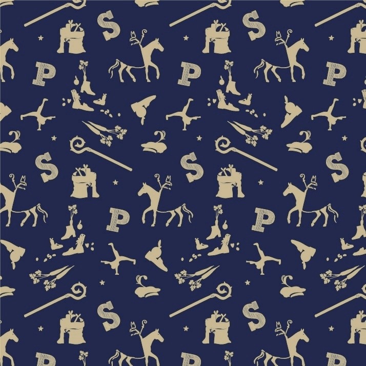 Glossy, luxurious sinterklaas wrapping paper, dark blue background with gold printed images.
 