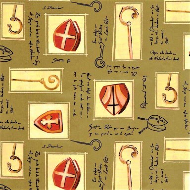 Glossy luxury sinterklaas gift wrap paper, golden background with miter and pope's crosier.
 