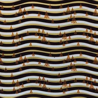 Metallic gold trees on wavy matte black and white stripes, metallic paper.
 