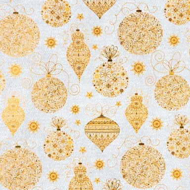 Metallic gold christmas bulbs on a white background with gray stripes texture, metallic paper.
 