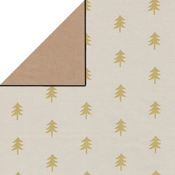 Gift wrapping paper, christmas trees in gold with a white background on brown striped recycled paper.
 