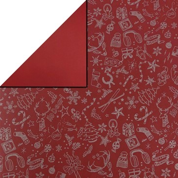Gift-wrapping paper red with christmas icons in silver on the back solid red on natural braun ribbed paper.
 