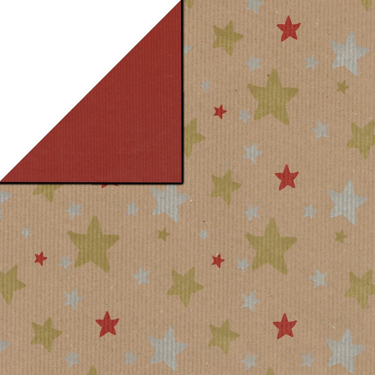Christmas gift wrap with gold, silver, and red stars, solid dark red reverse side on striped eco kraft paper.
 