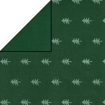  christmas wrapping paper silver trees with green background, solid green reverse side on recycled brown striped paper.
 