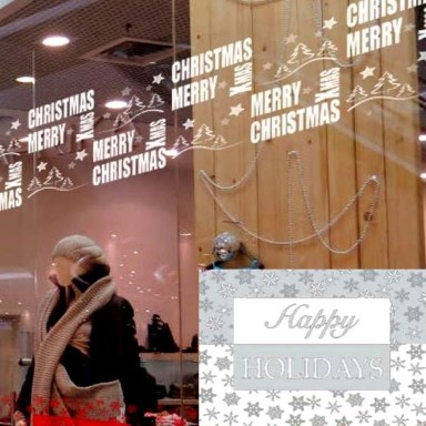 Window sticker reusable happy holidays transparent, static foil easy to apply to glass.
 